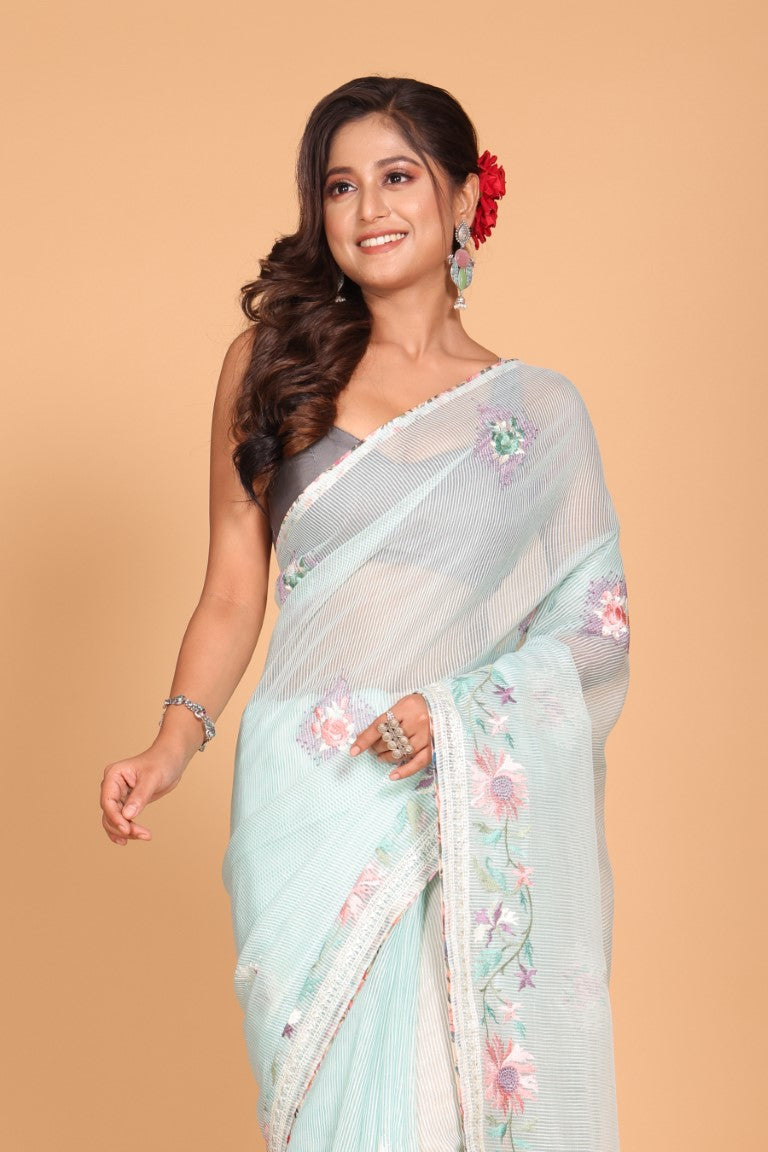 Morchari Cotton Kota Stripe Embroidery Saree - Sea Green