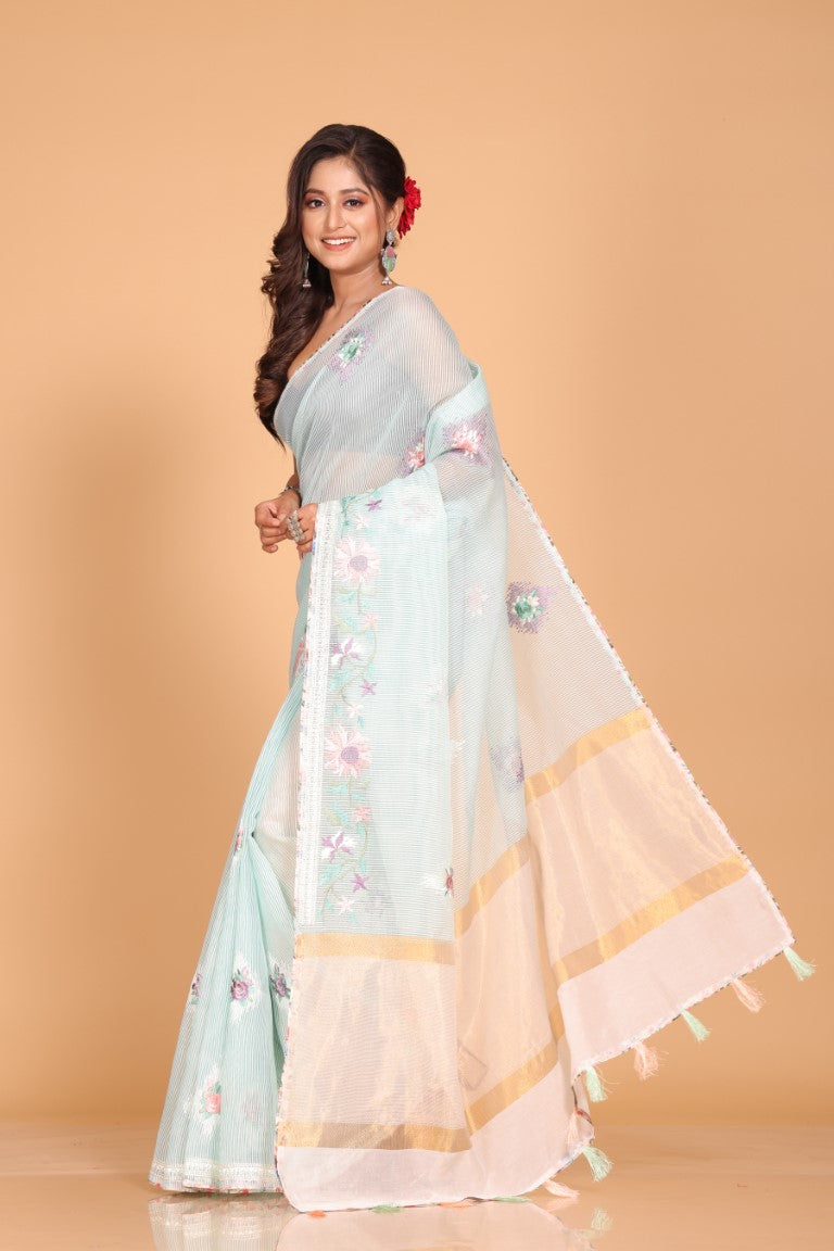 Morchari Cotton Kota Stripe Embroidery Saree - Sea Green
