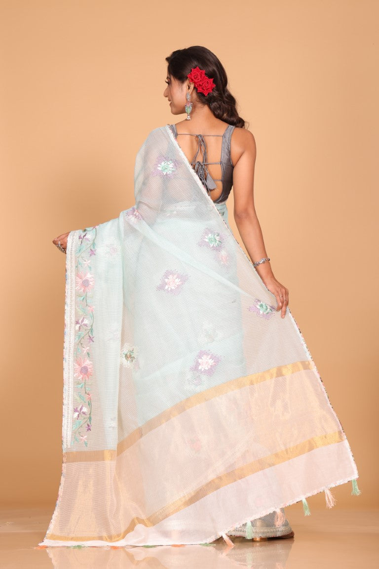 Morchari Cotton Kota Stripe Embroidery Saree - Sea Green