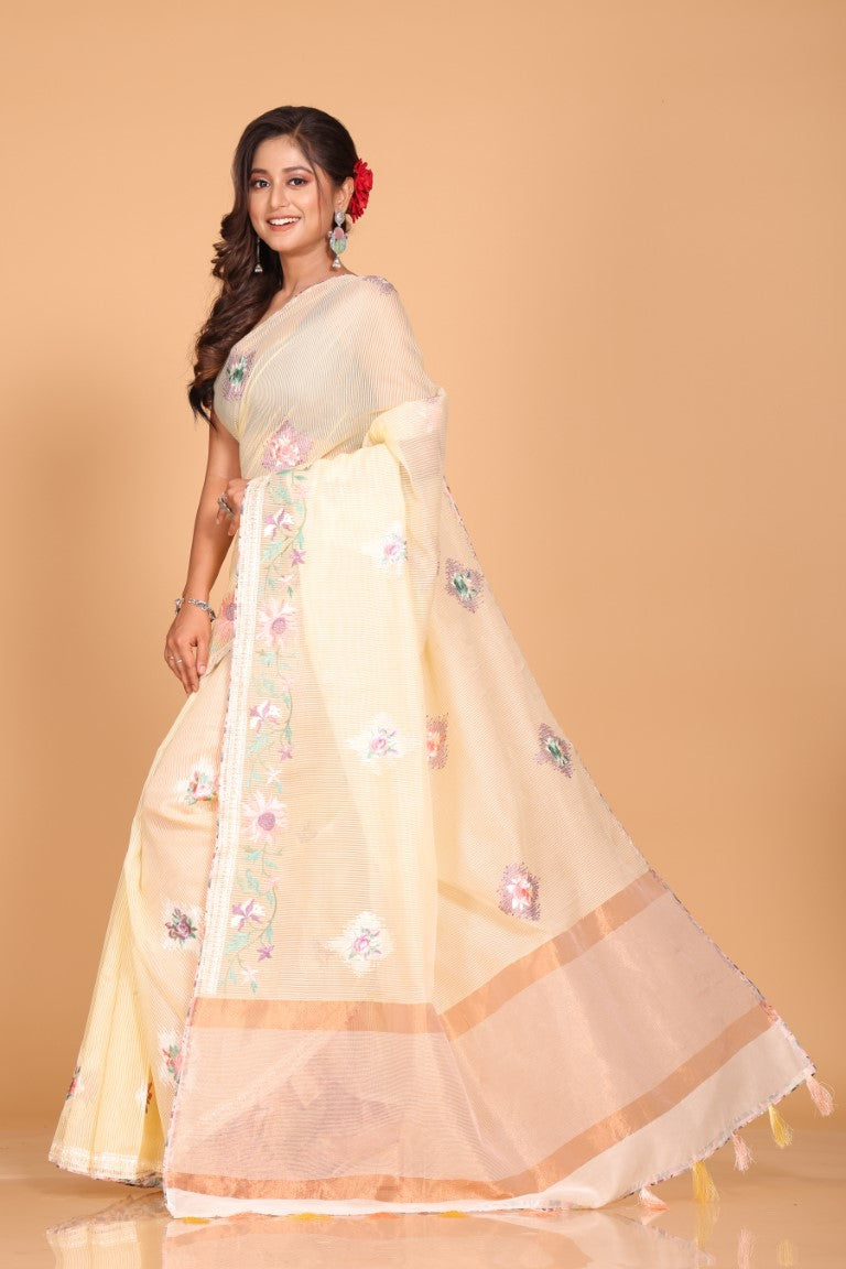Morchari Cotton Kota Stripe Embroidery Saree - Yellow