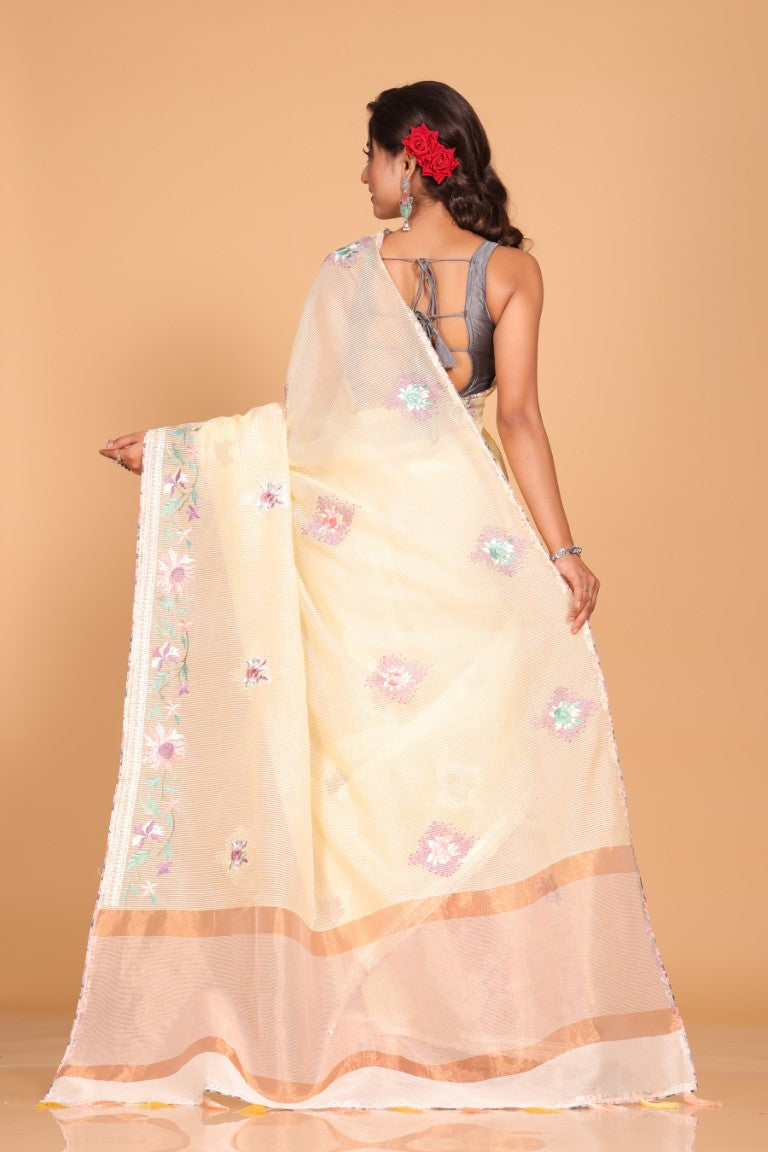 Morchari Cotton Kota Stripe Embroidery Saree - Yellow