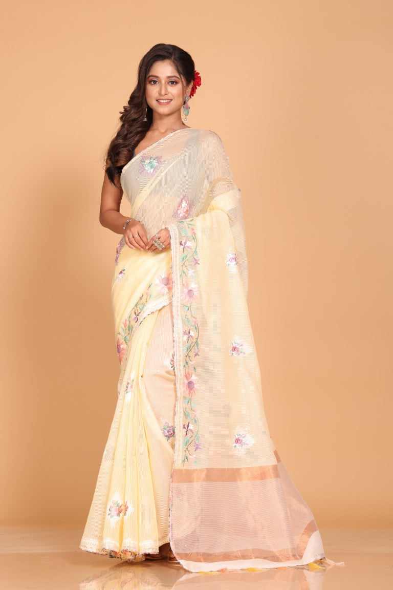 Morchari Cotton Kota Stripe Embroidery Saree - Yellow