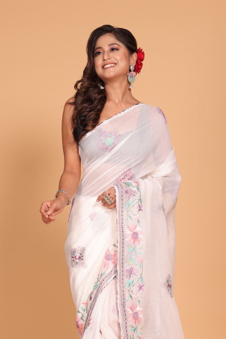 Morchari Cotton Kota Stripe Embroidery Saree - White