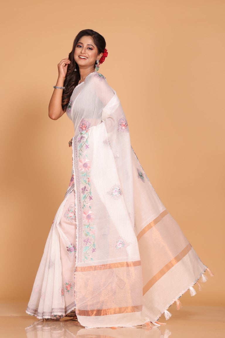 Morchari Cotton Kota Stripe Embroidery Saree - White