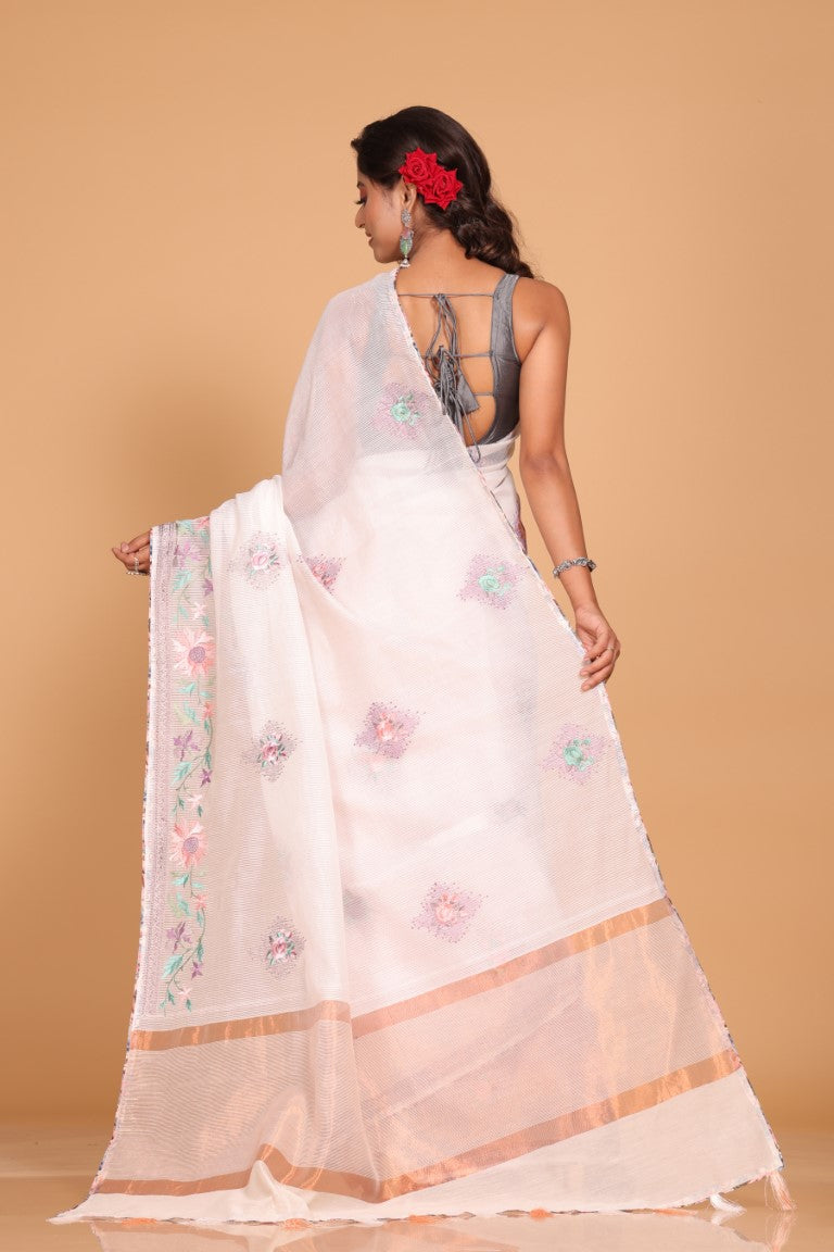 Morchari Cotton Kota Stripe Embroidery Saree - White