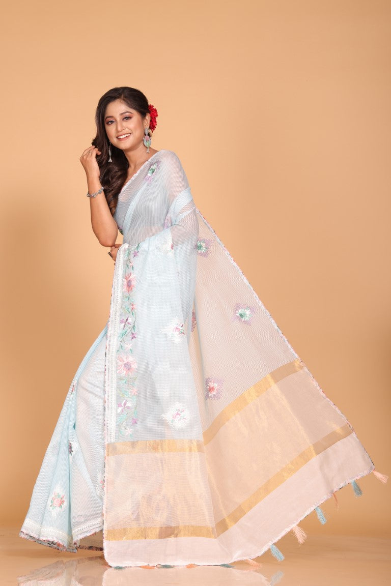 Morchari Cotton Kota Stripe Embroidery Saree - Sky Blue