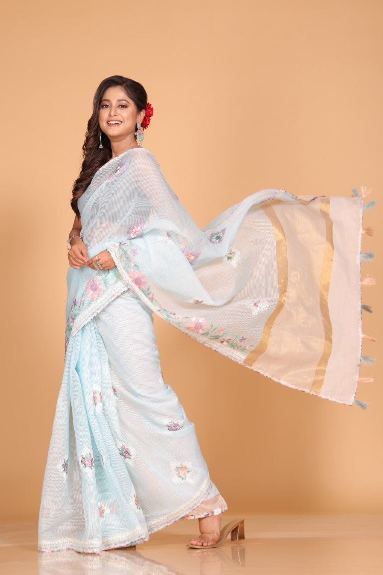 Morchari Cotton Kota Stripe Embroidery Saree - Sky Blue