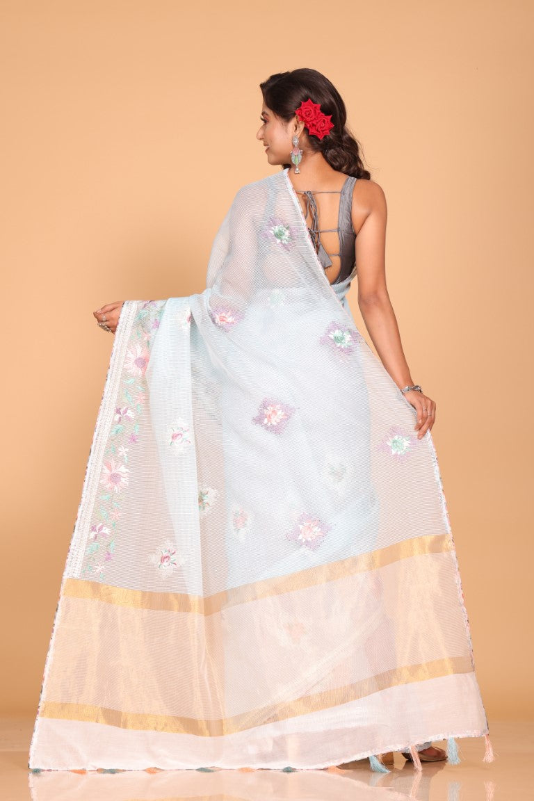 Morchari Cotton Kota Stripe Embroidery Saree - Sky Blue