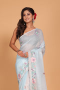 Morchari Cotton Kota Stripe Embroidery Saree - Sky Blue