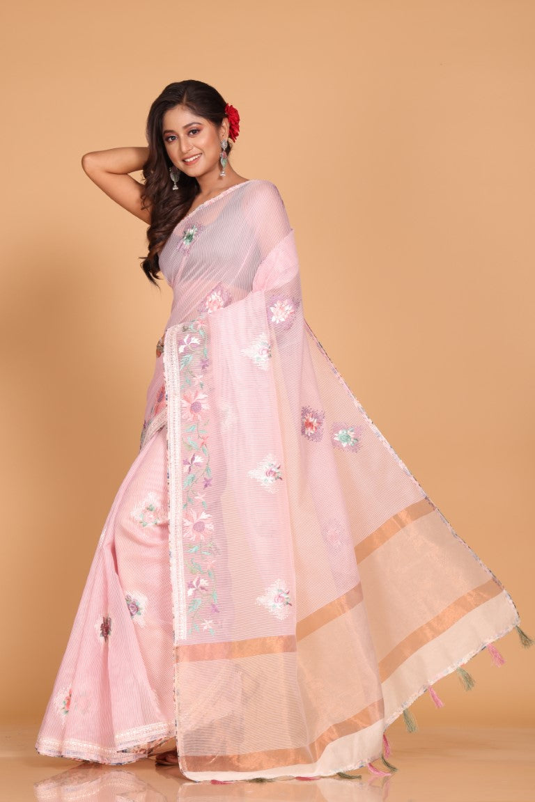 Morchari Cotton Kota Stripe Embroidery Saree - Pink