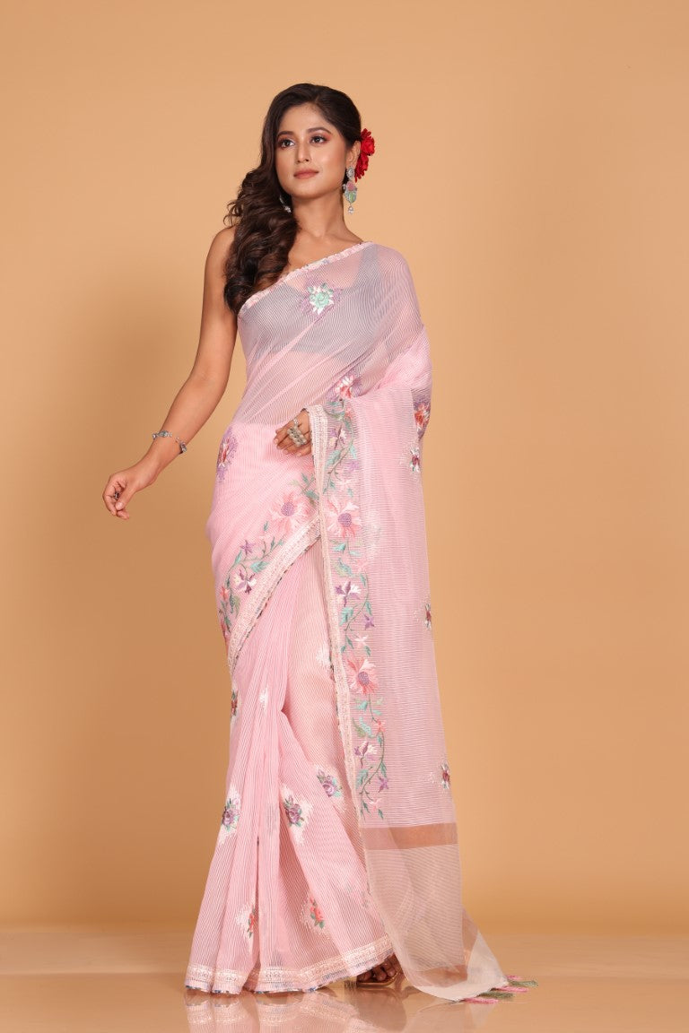 Morchari Cotton Kota Stripe Embroidery Saree - Pink