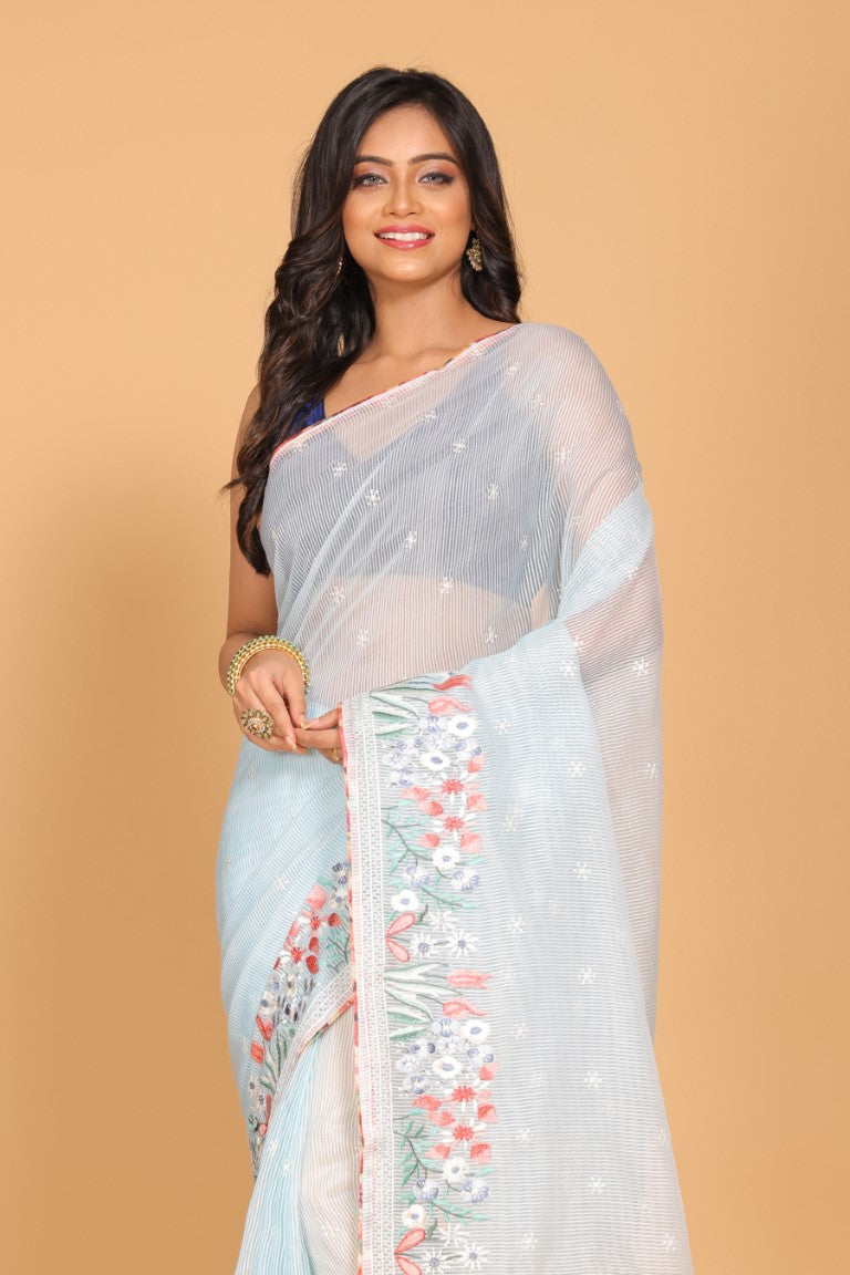 Morchari Cotton Kota Stripe Embroidery Saree - Sky Blue