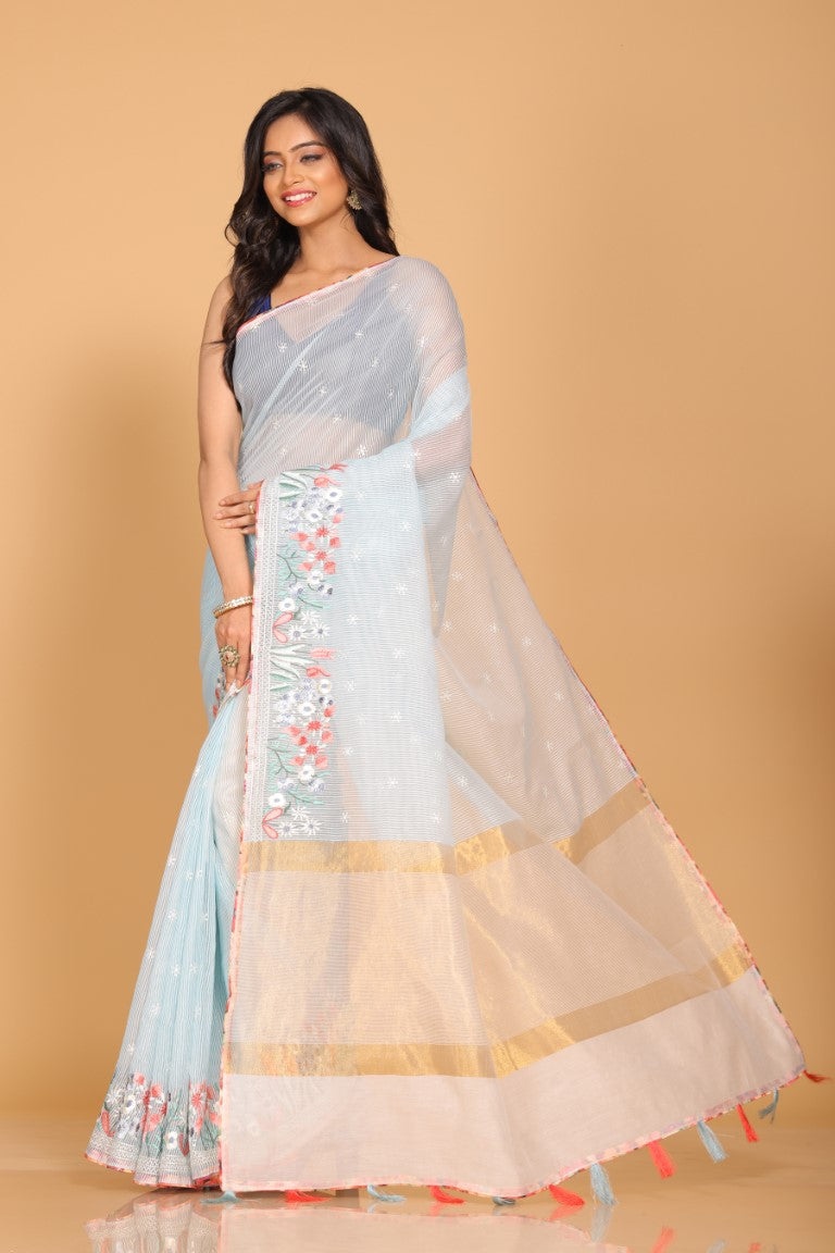 Morchari Cotton Kota Stripe Embroidery Saree - Sky Blue