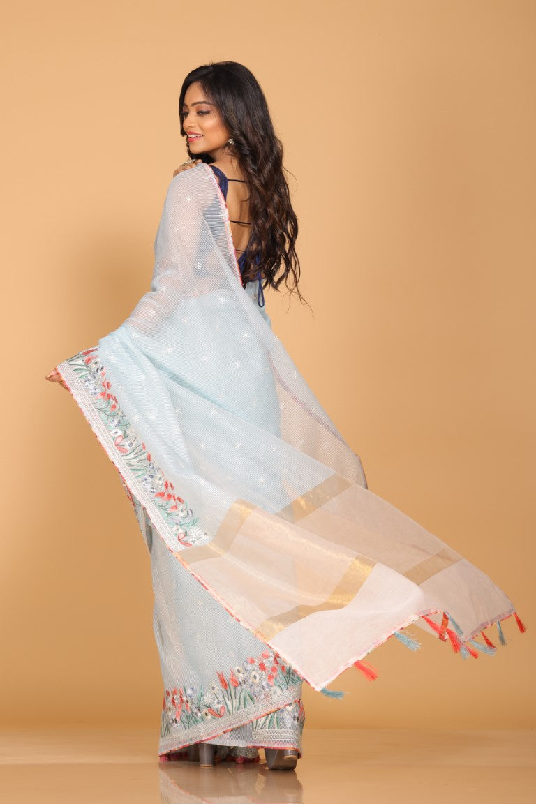 Morchari Cotton Kota Stripe Embroidery Saree - Sky Blue