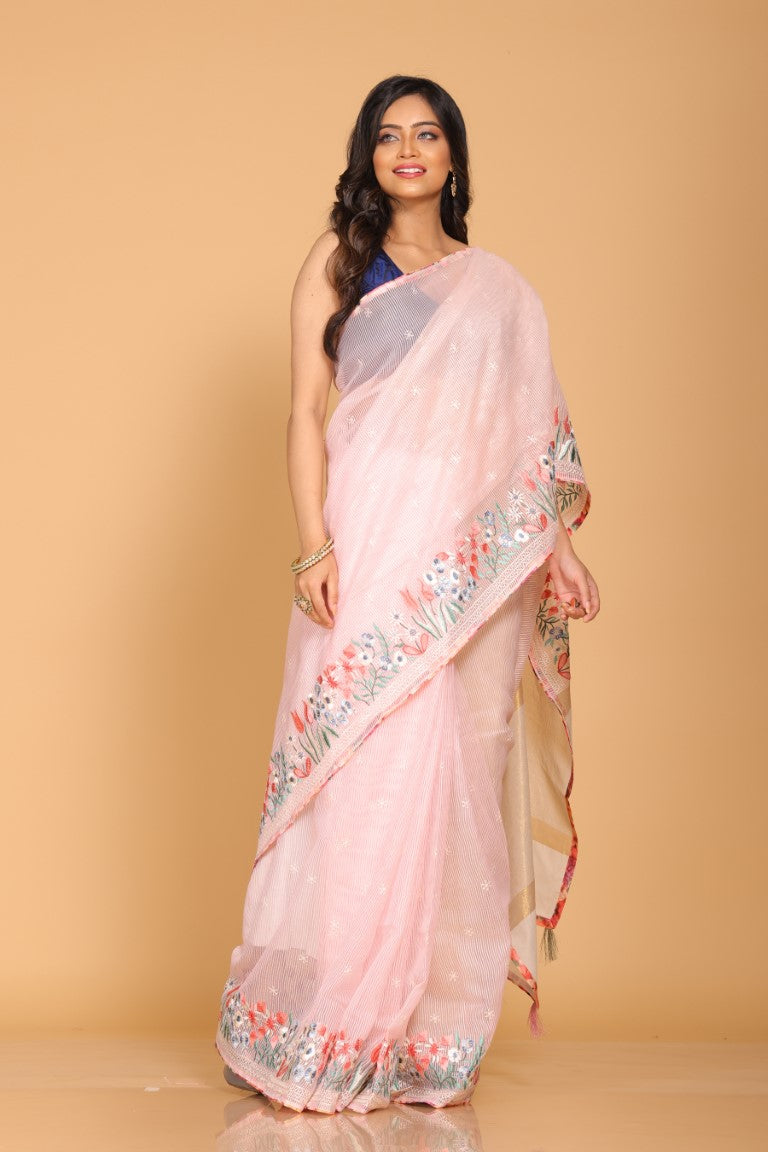 Morchari Cotton Kota Stripe Embroidery Saree - Pink