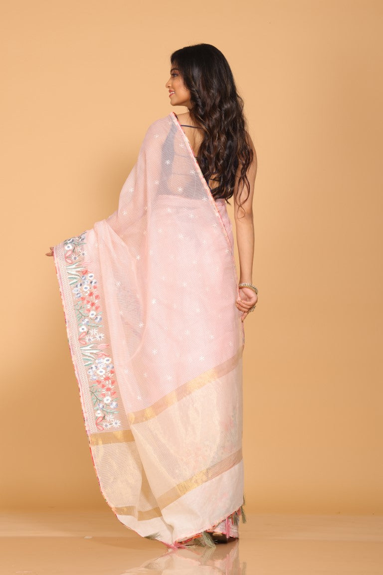 Morchari Cotton Kota Stripe Embroidery Saree - Pink