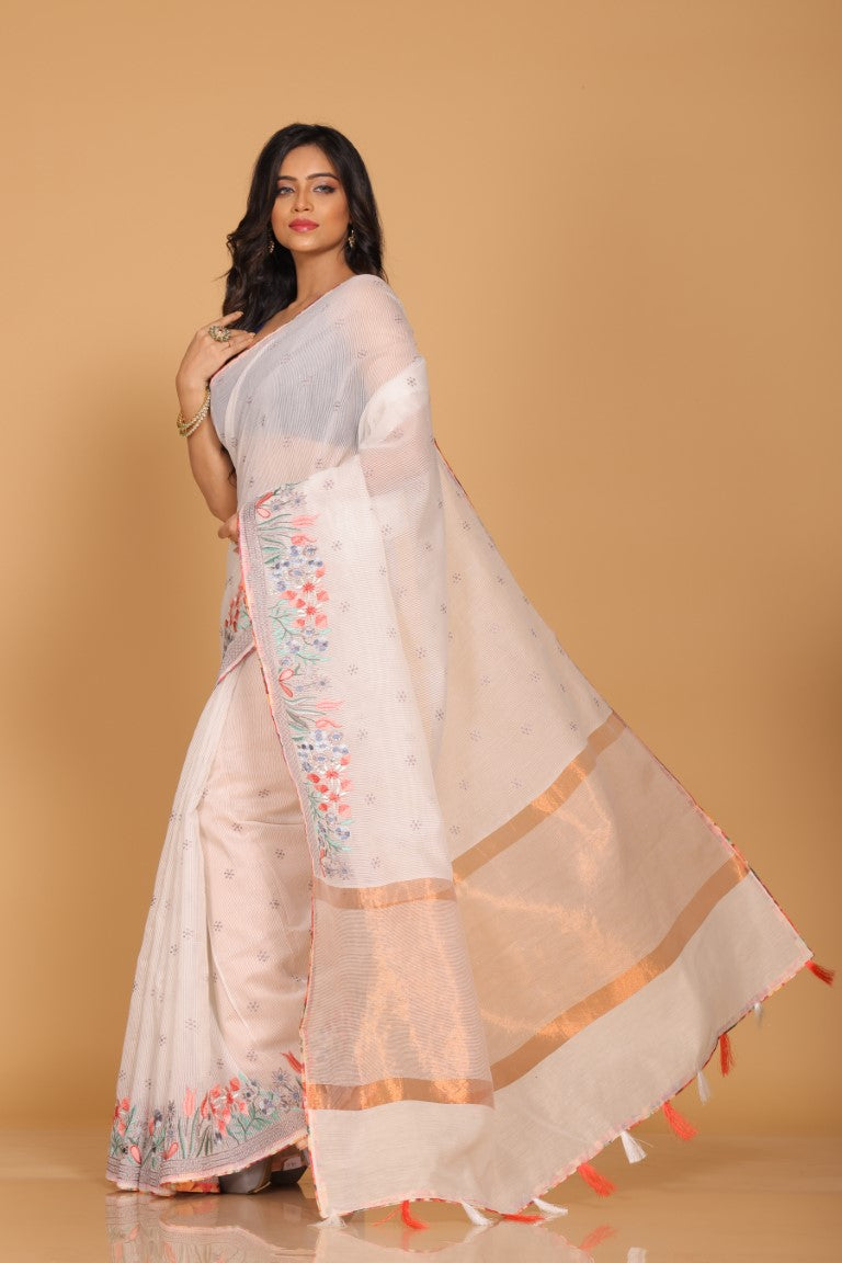 Morchari Cotton Kota Stripe Embroidery Saree - White