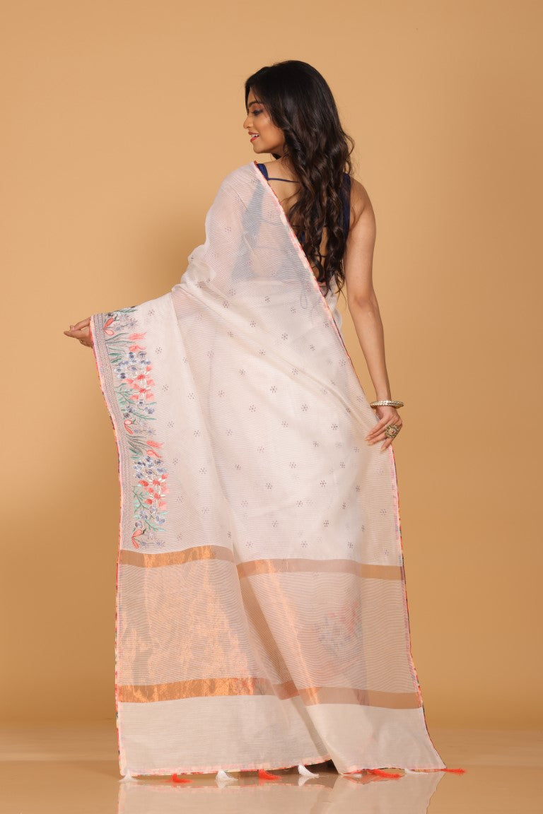 Morchari Cotton Kota Stripe Embroidery Saree - White