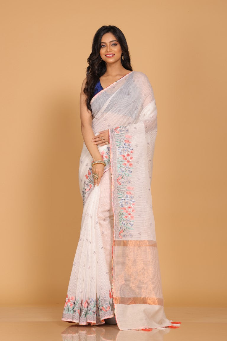 Morchari Cotton Kota Stripe Embroidery Saree - White