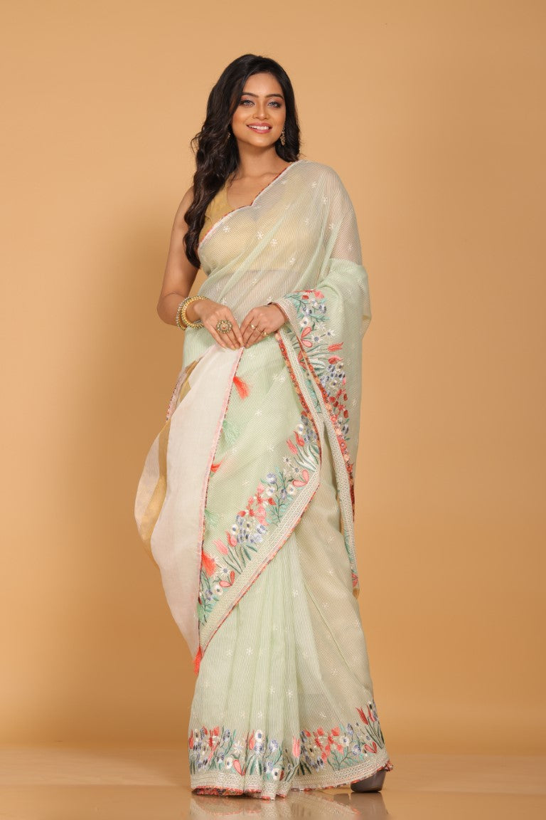 Morchari Cotton Kota Stripe Embroidery Saree - Sea Green