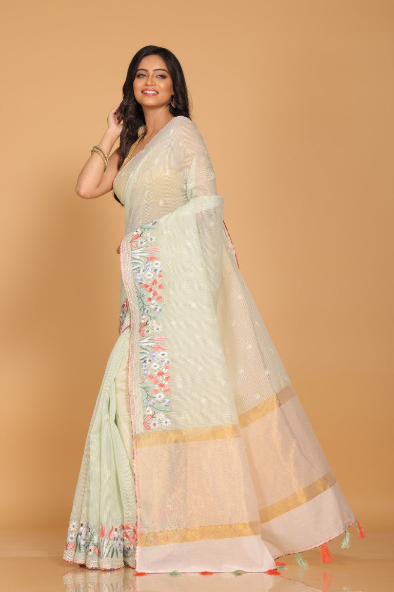 Morchari Cotton Kota Stripe Embroidery Saree - Sea Green