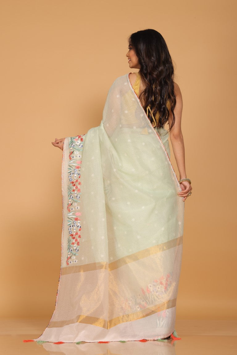 Morchari Cotton Kota Stripe Embroidery Saree - Sea Green