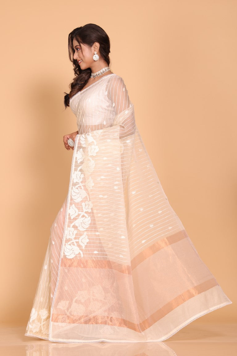 Morchari Orzanga Stripe Embroidery Saree - Beige