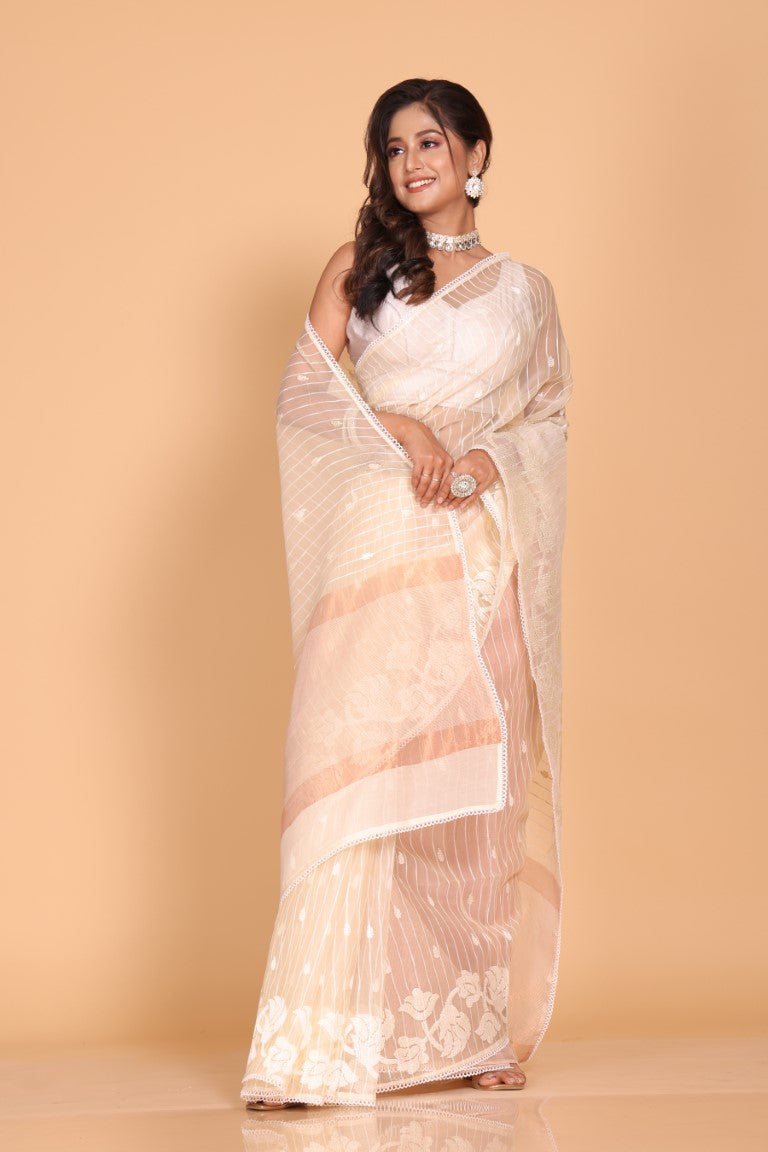 Morchari Orzanga Stripe Embroidery Saree - Beige