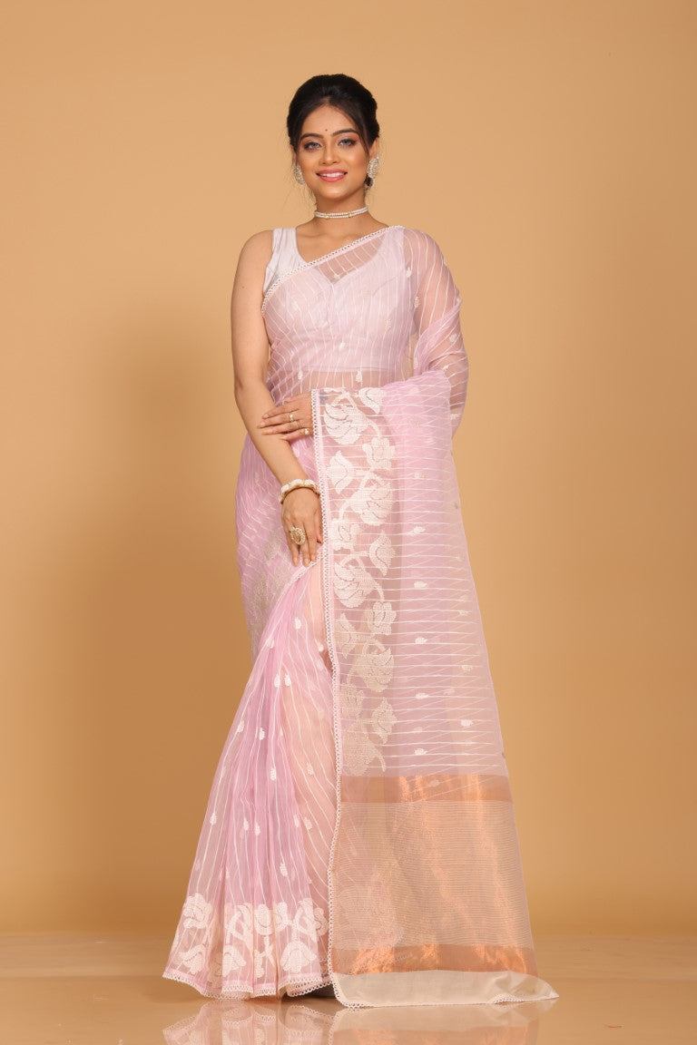 Morchari Orzanga Stripe Embroidery Saree - Light Pink