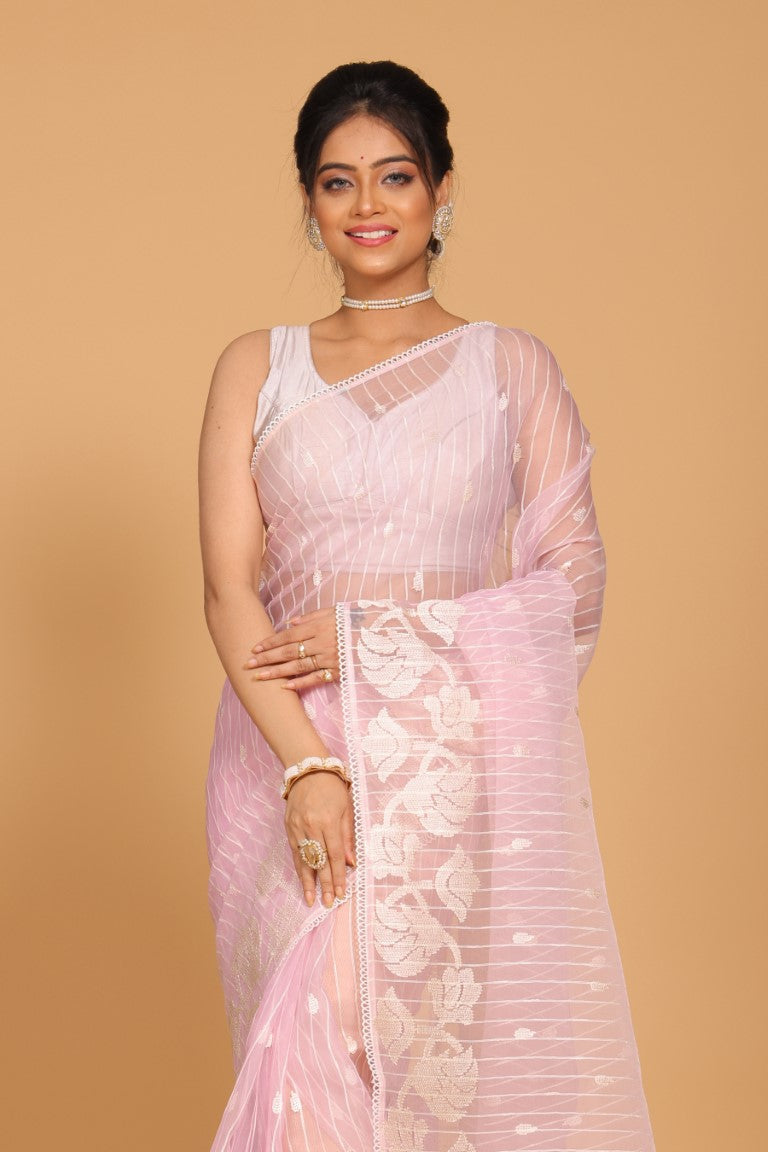 Morchari Orzanga Stripe Embroidery Saree - Light Pink