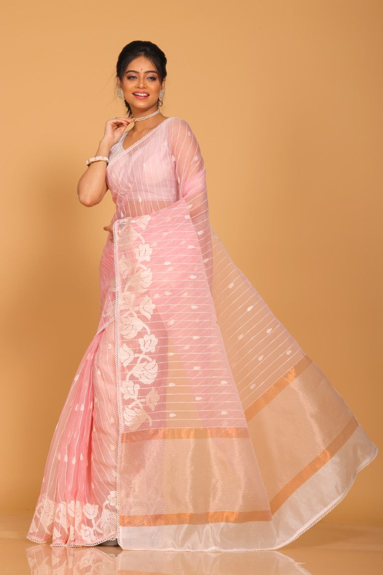 Morchari Orzanga Stripe Embroidery Saree - Pink