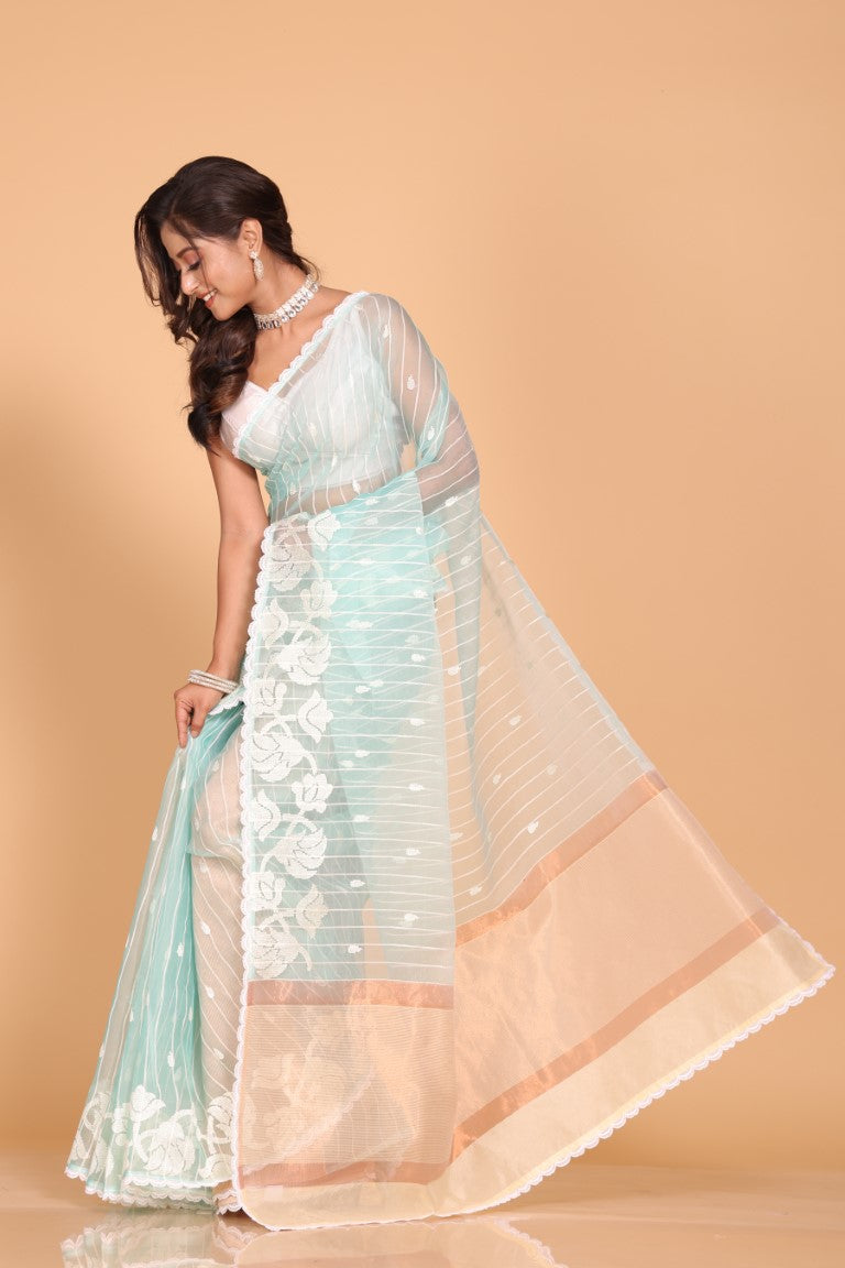 Morchari Orzanga Stripe Embroidery Saree - Sky Blue