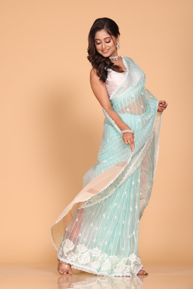 Morchari Orzanga Stripe Embroidery Saree - Sky Blue