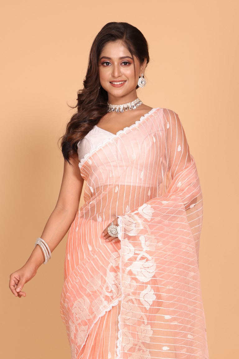 Morchari Orzanga Stripe Embroidery Saree - Peach