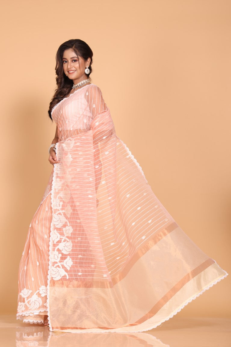 Morchari Orzanga Stripe Embroidery Saree - Peach