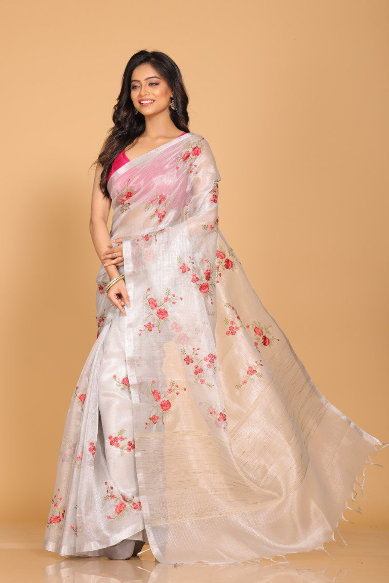 Morchari Kota Silver Zari Tissue Embroidery Saree - Sliver