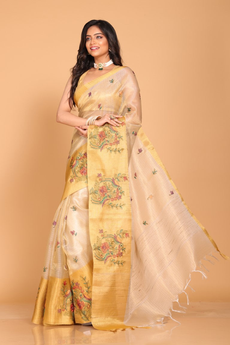 Morchari Kota Gold Zari Tissue Embroidery Saree - Gold