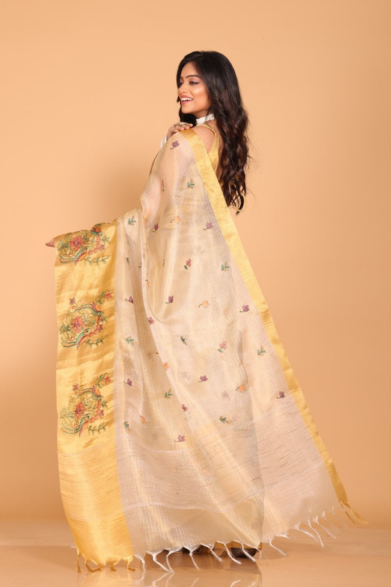 Morchari Kota Gold Zari Tissue Embroidery Saree - Gold