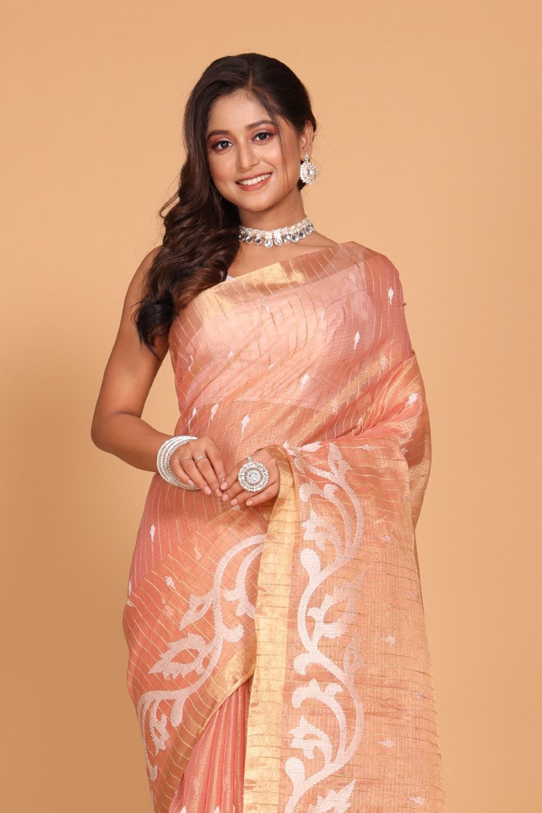 Morchari Kota Zari Stripe Embroidery Saree - Pink