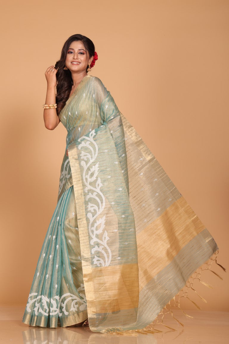 Morchari Kota Zari Stripe Embroidery Saree - Sky Blue