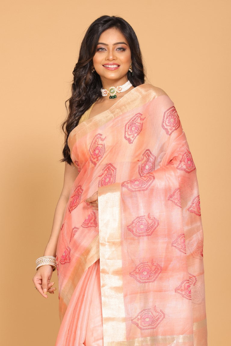 Morchari Kota Tissue Zari Embroidery Saree - Red