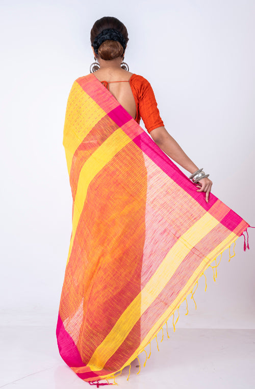 Morchari Bengal Handloom Cotton Linen Saree - Multicolor