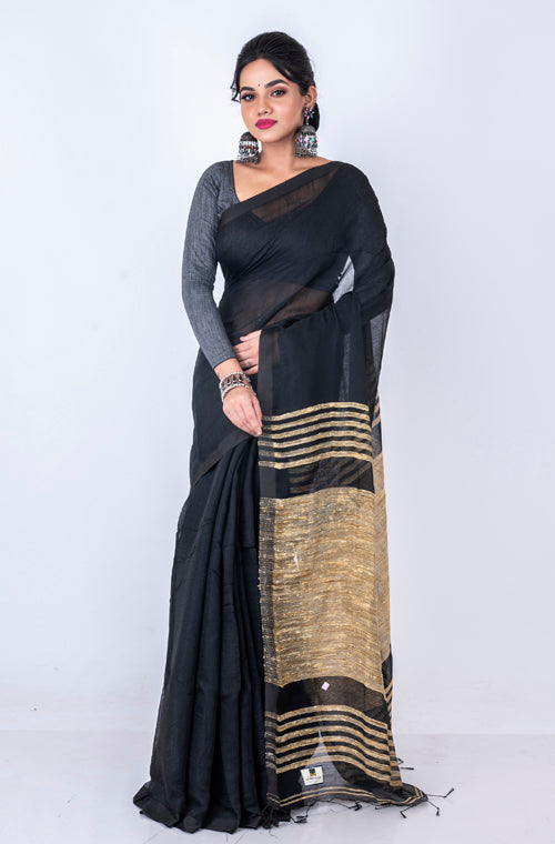 Morchari Bengal Jute Handloom Saree - Black