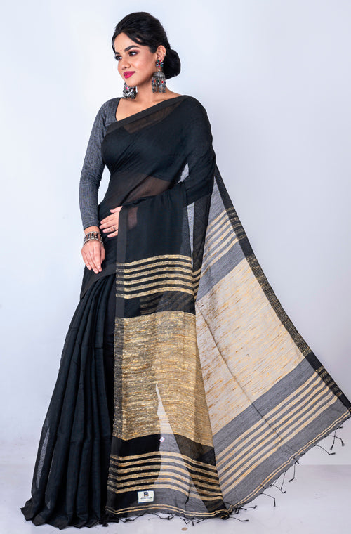 Morchari Bengal Jute Handloom Saree - Black