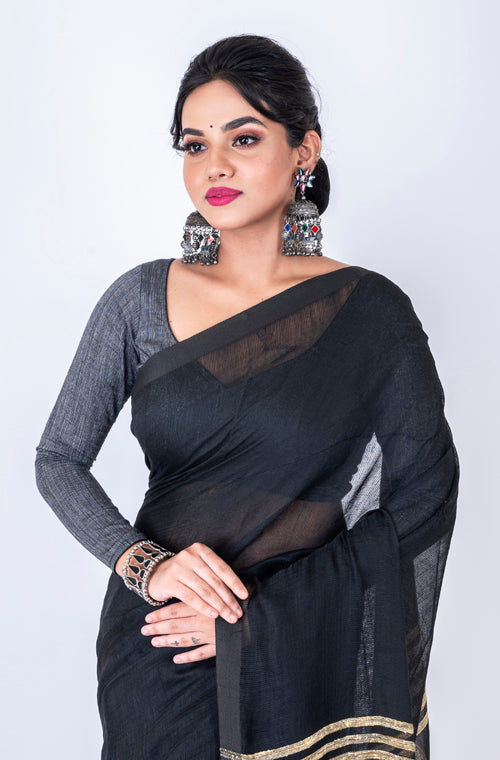 Morchari Bengal Jute Handloom Saree - Black