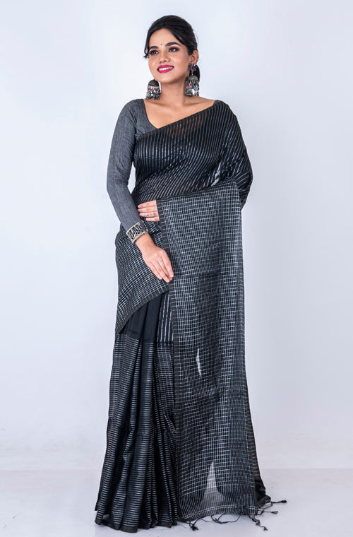 Morchari Bengal Handloom Cotton Zari Check Saree - Black