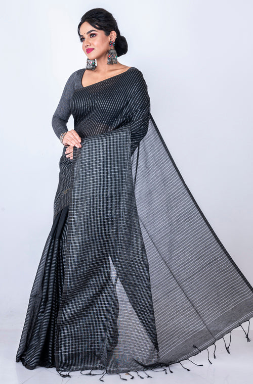 Morchari Bengal Handloom Cotton Zari Check Saree - Black