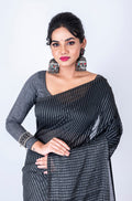 Morchari Bengal Handloom Cotton Zari Check Saree - Black