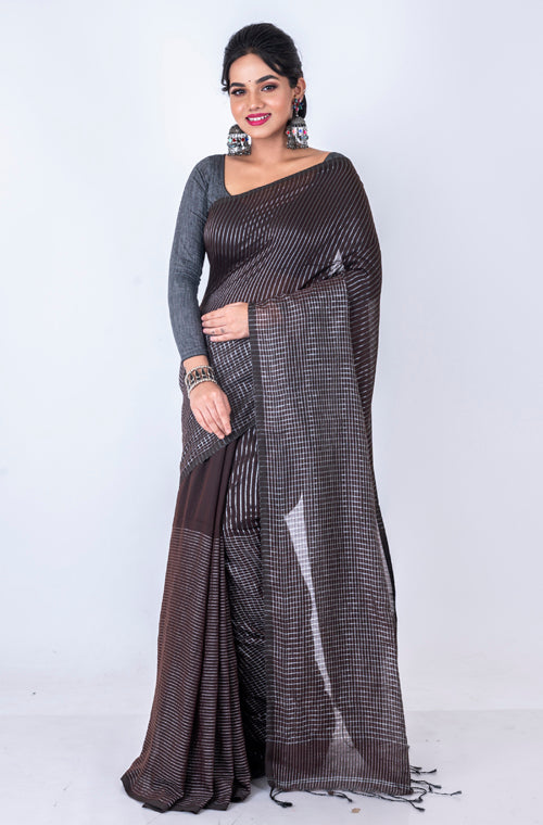Morchari Bengal Handloom Cotton Zari Check Saree - Brown