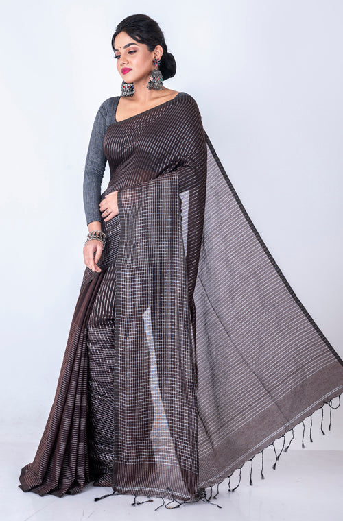 Morchari Bengal Handloom Cotton Zari Check Saree - Brown